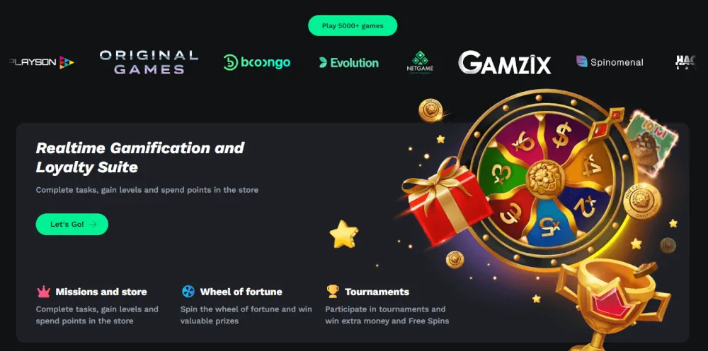 Zestaw lojalnościowy Bet On Red z interaktywnym kołem fortuny i misjami nagród.